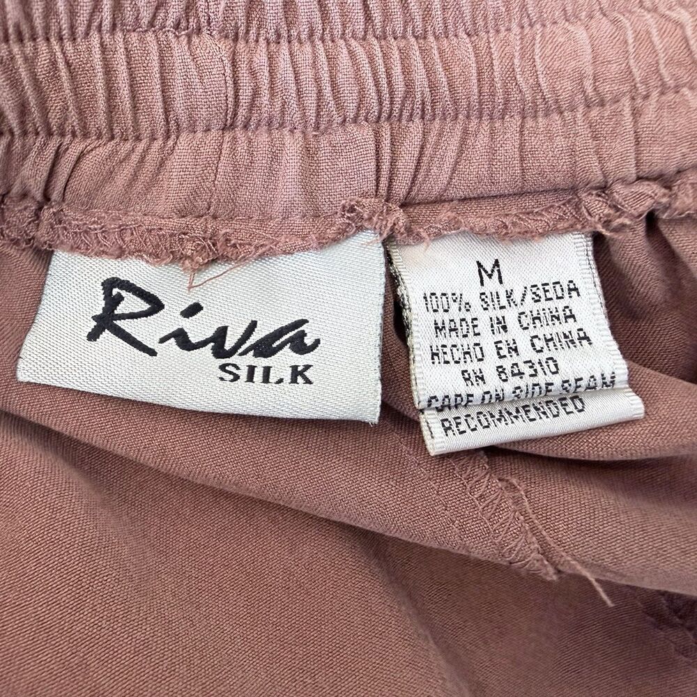 Vintage Terracotta Brown 100% Silk M Straight Leg Pants Elastic Waist Pockets - Picture 11 of 11